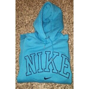 Nike Womens Spellout Swoosh Velvet Logo Blue Hoodie Sweatshirt Size XLarge